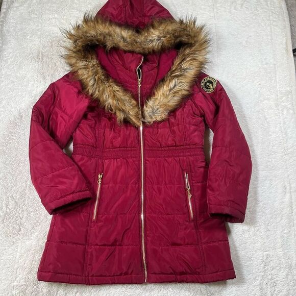 Vintage Y2K Baby Phat Padded Faux Fur Zip Up Burgundy Women’s Jacket Coat - Picture 1 of 7